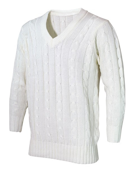 The Hunts County Plain Cricket Sweater features long sleeves, a V-neck, classic cable knit pattern, and ribbed cuffs and hem.