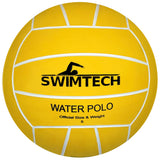 The SwimTech Water Polo Ball is a yellow rubber ball with white lines, featuring the SwimTech logo and "WATER POLO Official Size & Weight 5" in black, designed for excellent grip and recreational play.