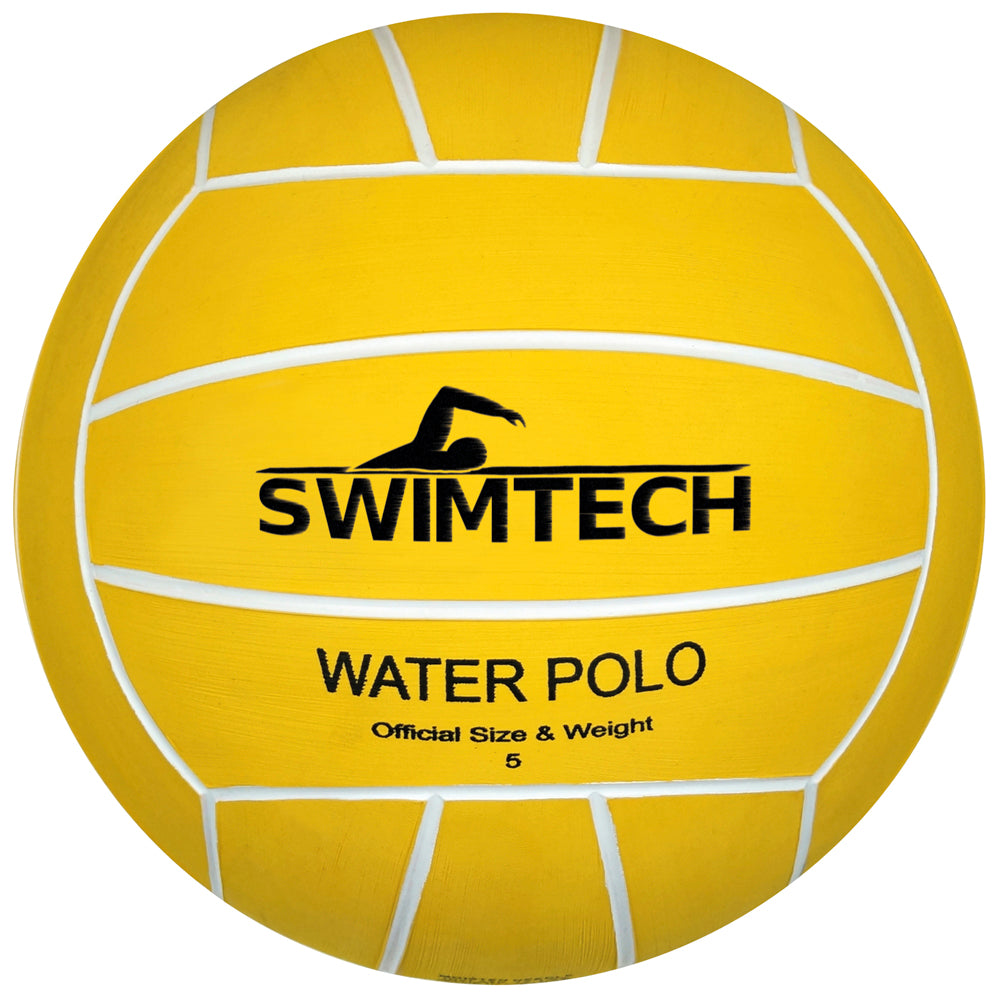 The SwimTech Water Polo Ball is a yellow rubber ball with white lines, featuring the SwimTech logo and "WATER POLO Official Size & Weight 5" in black, designed for excellent grip and recreational play.