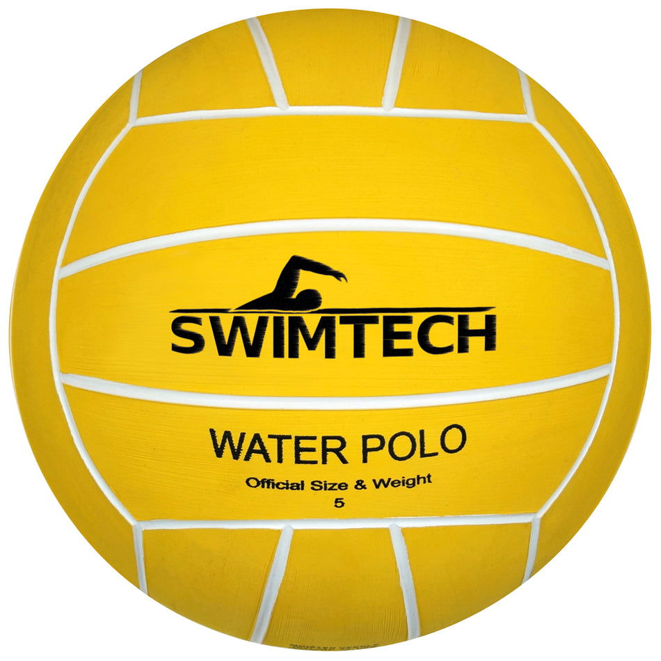 The SwimTech Water Polo Ball is a yellow rubber ball with white lines, featuring the SwimTech logo and "WATER POLO Official Size & Weight 5" in black, designed for excellent grip and recreational play.