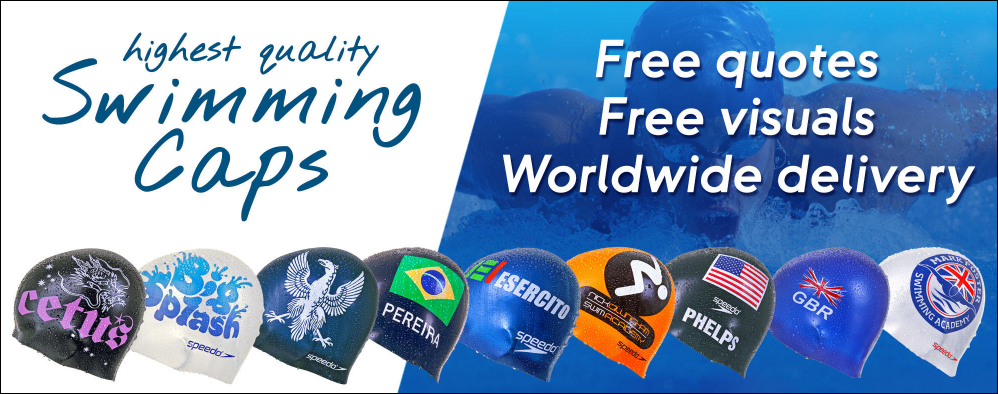 A banner showcases Martin Berrill Sports’ Custom Printed Silicone Swim Caps with free quotes, vibrant visuals, and worldwide delivery. Below are colorful caps displaying logos and country flags, with a swimmer in the background.