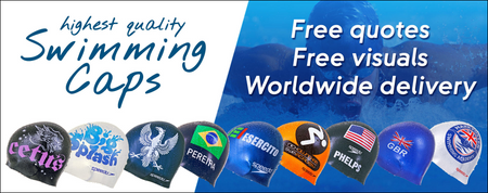 A banner showcases Martin Berrill Sports’ Custom Printed Silicone Swim Caps with free quotes, vibrant visuals, and worldwide delivery. Below are colorful caps displaying logos and country flags, with a swimmer in the background.