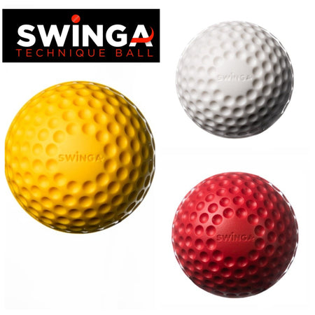 Three Swinga Technique Balls by Swinga in yellow, white, and red are arranged in a triangle for batting practice. The SWINGA logo with "TECHNIQUE BALL" appears top left, highlighting this essential cricket training aid.