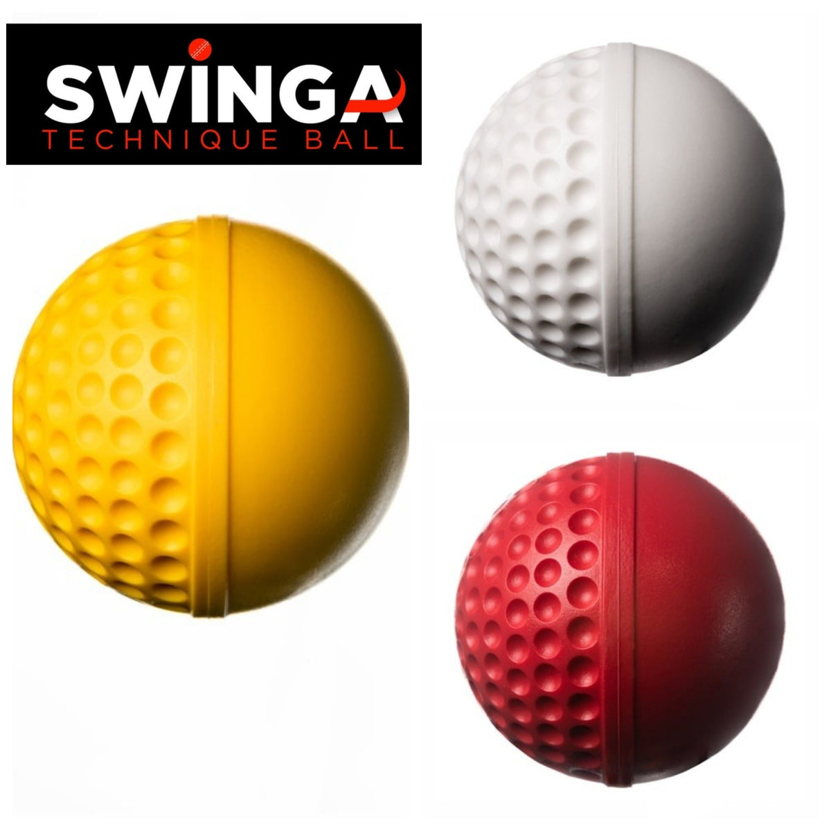 Three Swinga Technique Balls by Swinga are shown in yellow, white, and red. Each has a smooth half and a dimpled half for cricket training. The Swinga logo is visible in the top left corner.