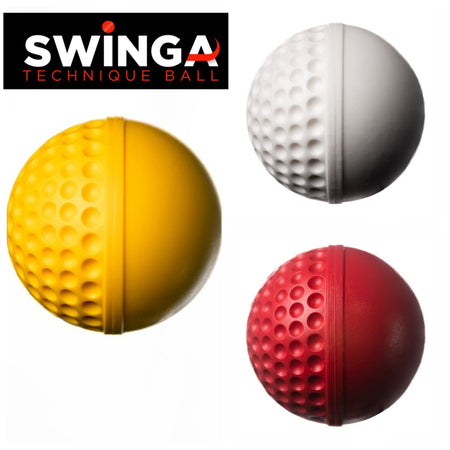 Three Swinga Technique Balls by Swinga are shown in yellow, white, and red. Each has a smooth half and a dimpled half for cricket training. The Swinga logo is visible in the top left corner.