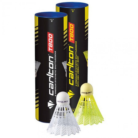 Two tubes of Carlton T800 Shuttles by Carlton are displayed, each containing white synthetic shuttlecocks ideal for club practice. Two white shuttlecocks are placed in front of the tubes.