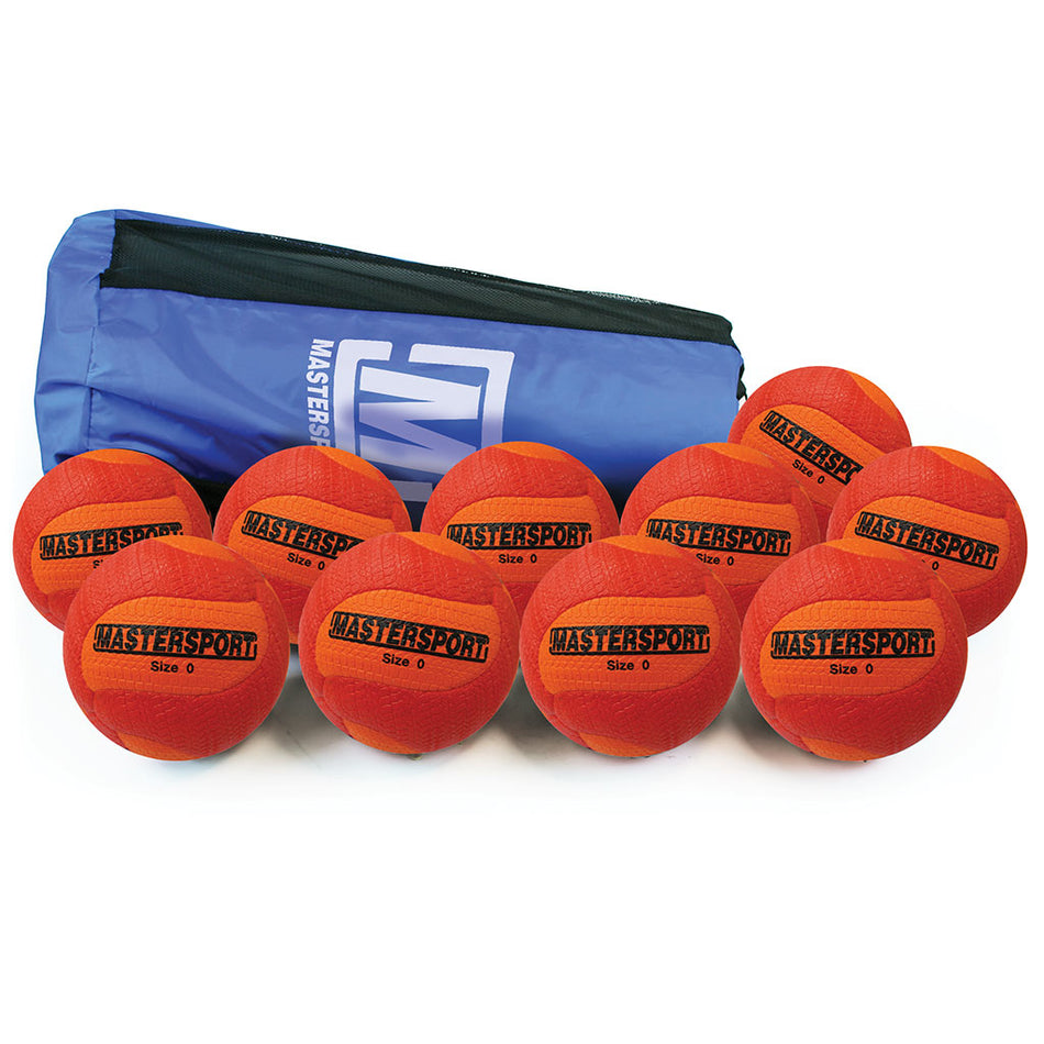 A blue Mastersport bag sits beside a ten pack of Mastersport Tchoukball balls, each marked with MASTERSport and Size 6. Made from durable cellular rubber, these balls are ideal for schools or as Tchoukball equipment.