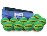 The Mastersport Tchoukball (Ten Pack) includes ten cellular rubber green and yellow balls and a blue and black branded carrying bag—perfect for educational use.