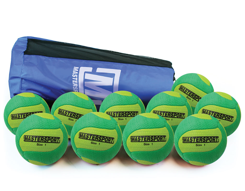 The Mastersport Tchoukball (Ten Pack) includes ten cellular rubber green and yellow balls and a blue and black branded carrying bag—perfect for educational use.