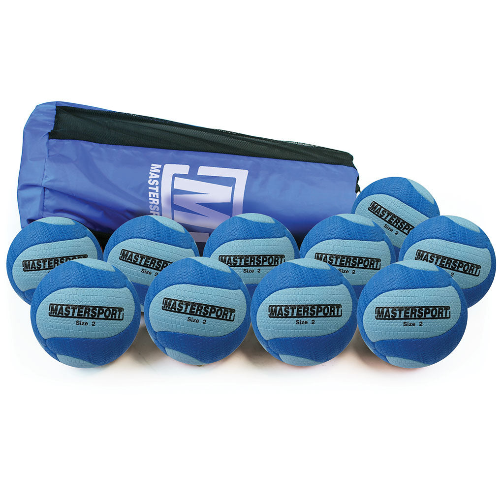The Mastersport Tchoukball (Ten Pack) features ten size 2 blue and black cellular rubber balls with a matching zippered carrying bag, all displaying the Mastersport logo—ideal for schools and educational use.