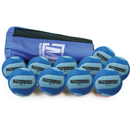 The Mastersport Tchoukball (Ten Pack) includes ten blue and black cellular rubber balls, ideal for education, and comes with a blue sports bag featuring the Mastersport logo.