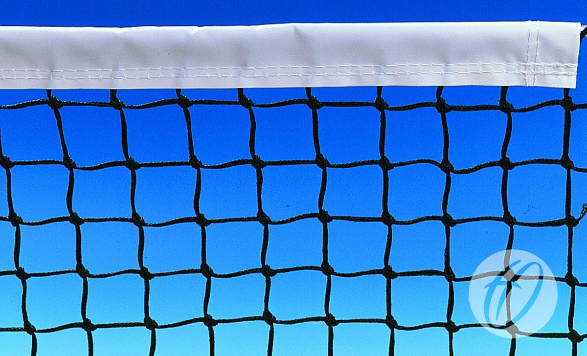 A close-up of the Harrod Sport P1B Tournament Tennis Net – 3.5MM Polyethylene, featuring a black net with a white band at the top, set against a clear blue sky.
