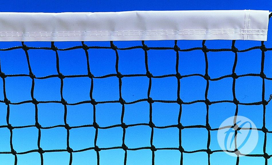 A close-up of the Harrod Sport P1B Tournament Tennis Net – 3.5MM Polyethylene, featuring a black net with a white band at the top, set against a clear blue sky.