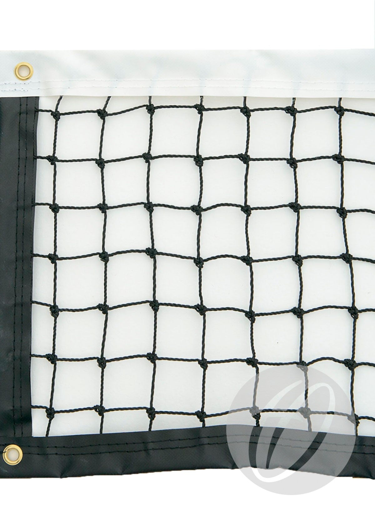 Close-up of the Harrod Sport P17 Tournament Net—2.7MM polyethylene with square mesh, black and white reinforced border, gold corner grommets, and faint gray logo. BS EN 1510 compliant.