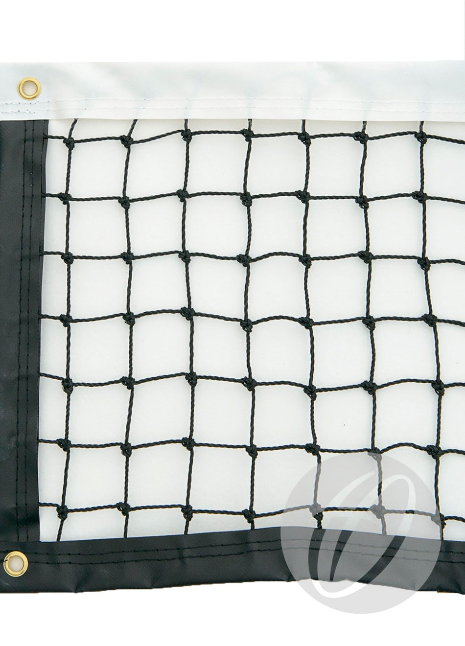 Close-up of the Harrod Sport P17 Tournament Net—2.7MM polyethylene with square mesh, black and white reinforced border, gold corner grommets, and faint gray logo. BS EN 1510 compliant.