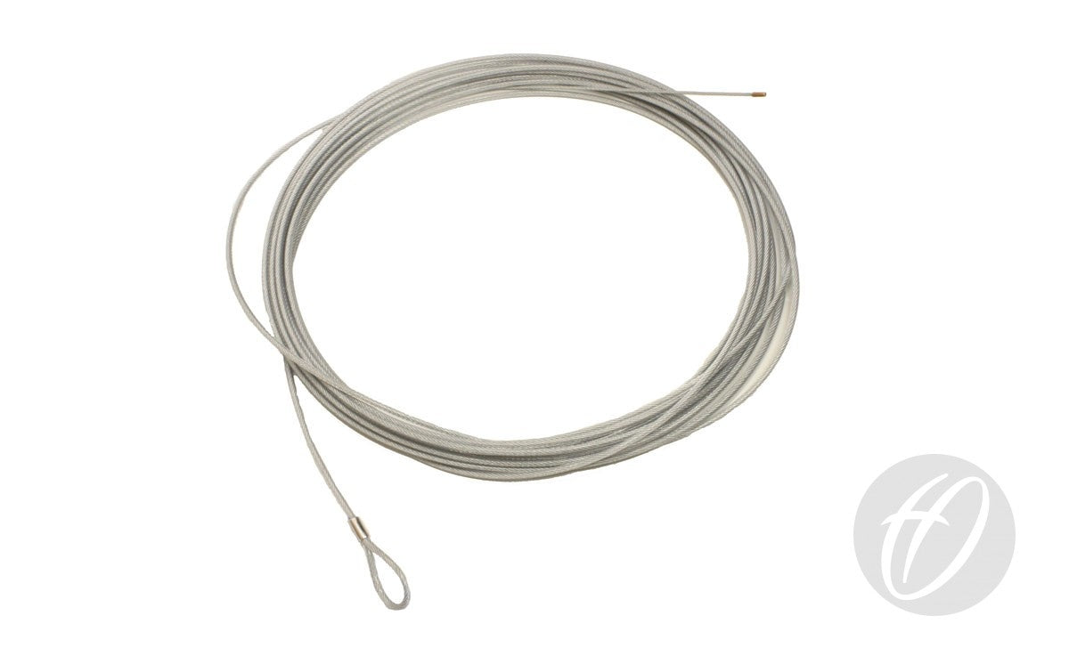 The Harrod Sport Spare Tennis Headline is a coiled galvanised steel cable with a small loop at one end and a straight tip at the other, shown on a white background.