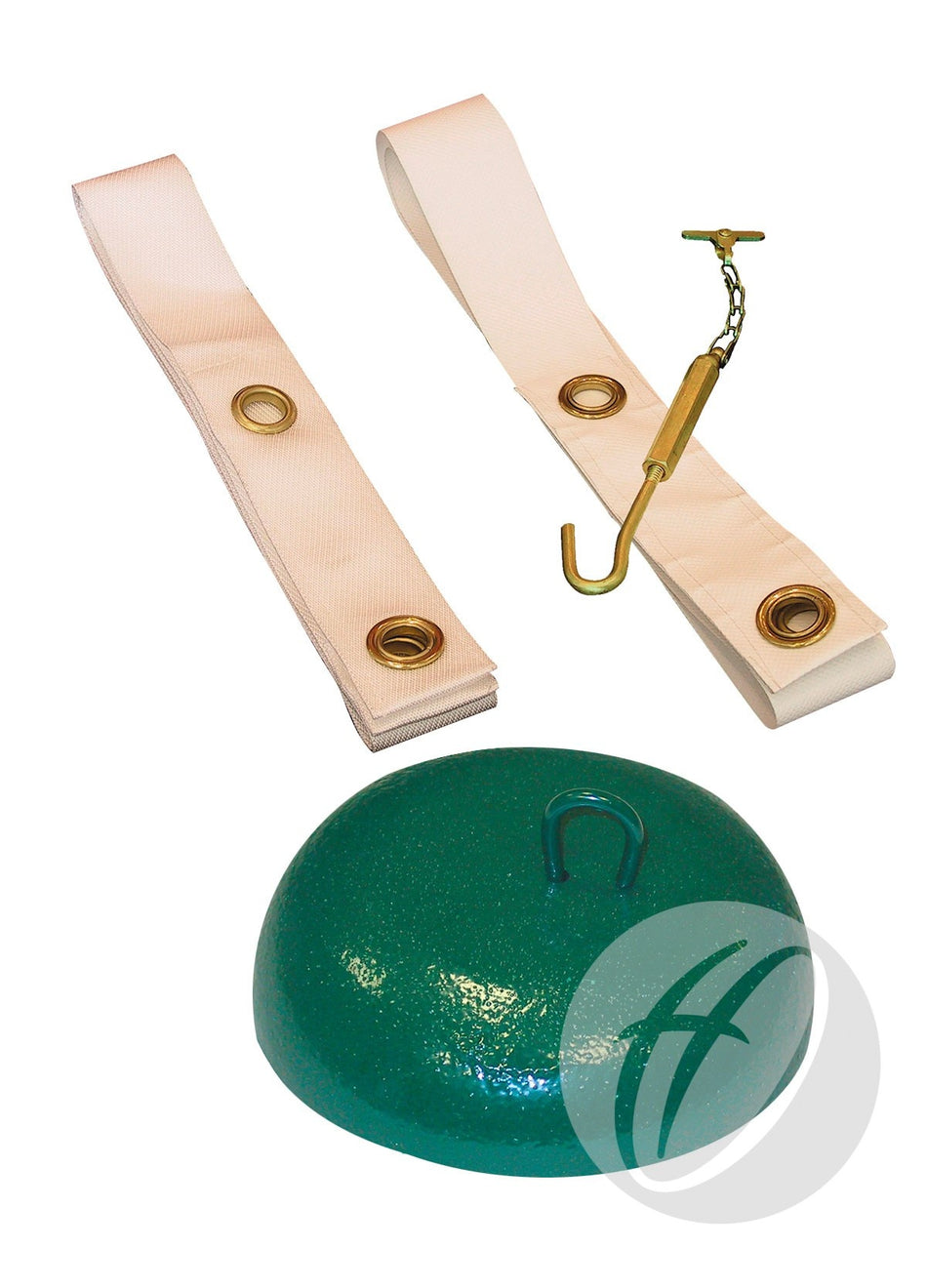 The Harrod Sport T2 Adjuster Set, including a green dome-shaped ground anchor, two white nylon straps with metal grommets, and a gold-colored hook with chain and brass adjuster, is displayed against a white background.