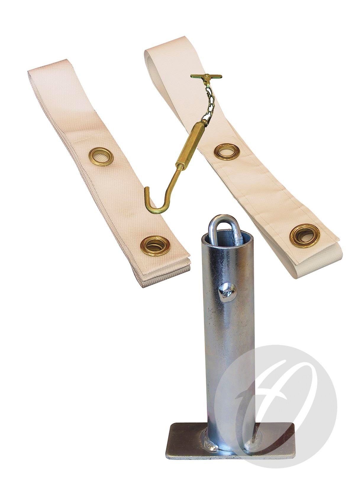 The Harrod Sport T3 Adjuster Set features a metal anchor base with a rectangular foot, top loop, two white straps with metal grommets, and a hooked chain—ideal for ground socket or centre tape setups.