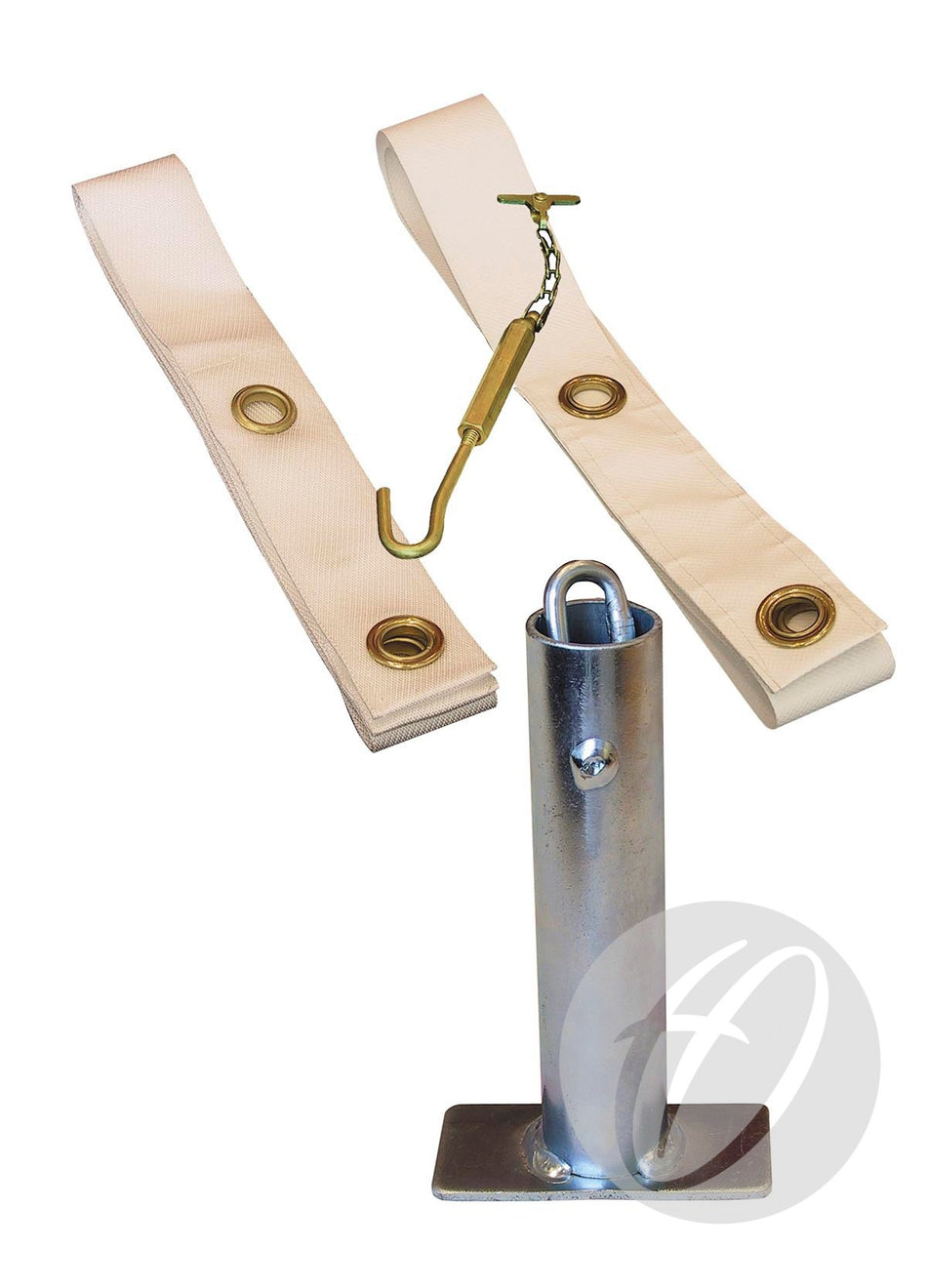 The Harrod Sport T3 Adjuster Set features a metal anchor base with a rectangular foot, top loop, two white straps with metal grommets, and a hooked chain—ideal for ground socket or centre tape setups.