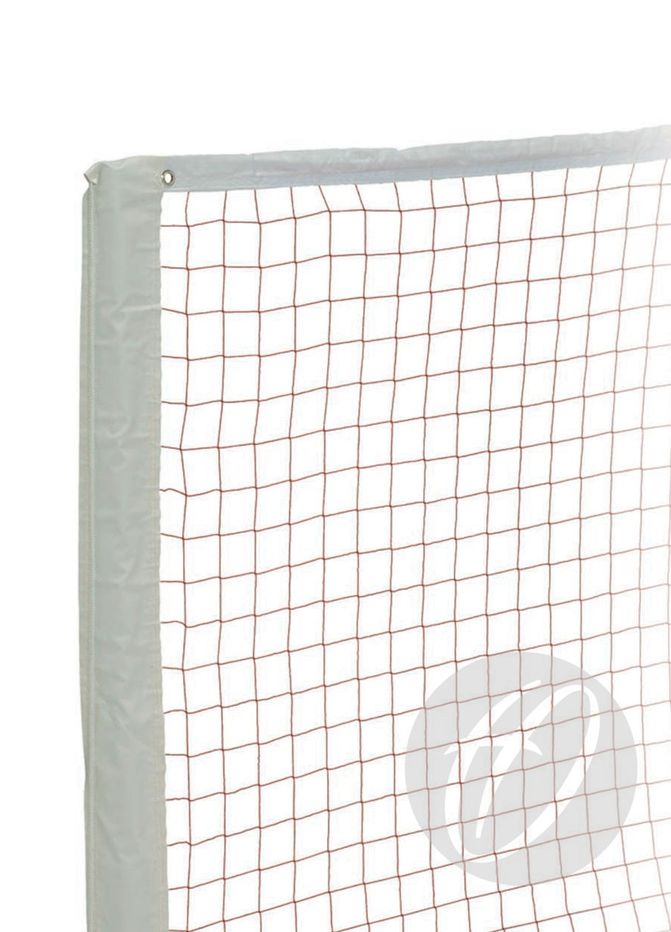 A close-up of the corner of the Harrod Sport TS1 Mini Tennis Net, featuring a white padded border and red grid lines, shown against a white background.