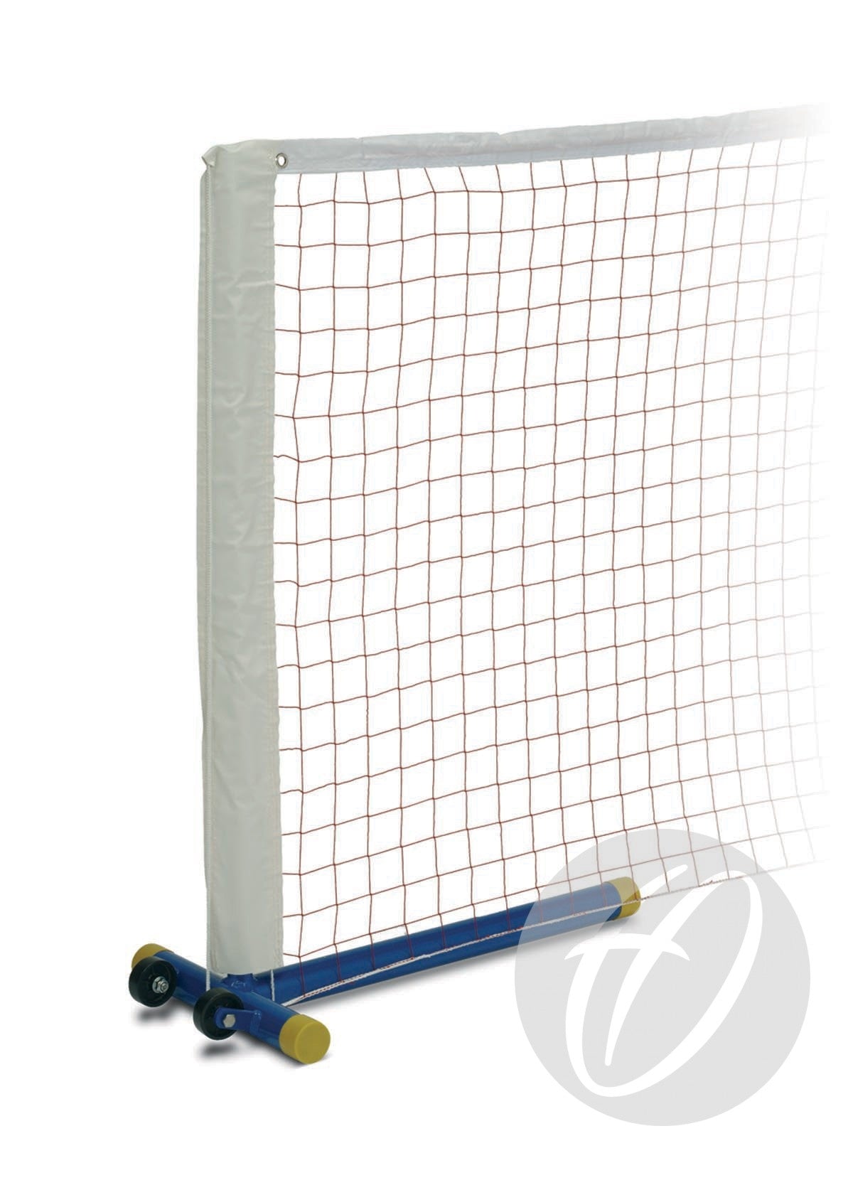 A close-up of Harrod Sport's Ts1 Wheelaway Mini Tennis Posts, featuring a blue and yellow frame with red and white mesh, shown on a plain white background.