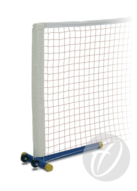 A close-up of Harrod Sport's Ts1 Wheelaway Mini Tennis Posts, featuring a blue and yellow frame with red and white mesh, shown on a plain white background.