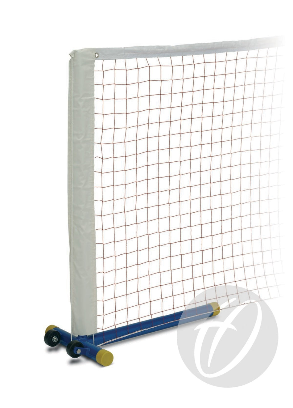 A close-up of Harrod Sport's Ts1 Wheelaway Mini Tennis Posts, featuring a blue and yellow frame with red and white mesh, shown on a plain white background.