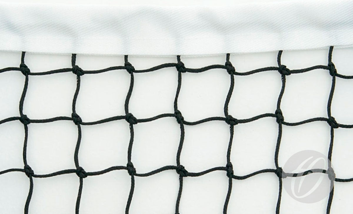 Close-up of the Harrod Sport Integrally Weighted Tennis Net in black, featuring 3.5mm square patterns and a white fabric border at the top, shown against a plain white background.