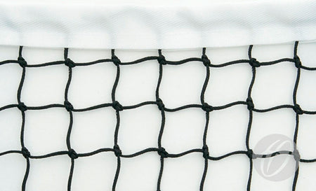 Close-up of the Harrod Sport Integrally Weighted Tennis Net in black, featuring 3.5mm square patterns and a white fabric border at the top, shown against a plain white background.