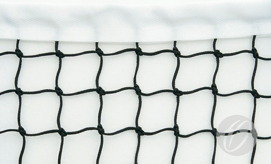 Close-up of the Harrod Sport Integrally Weighted Tennis Net in black, featuring 3.5mm square patterns and a white fabric border at the top, shown against a plain white background.