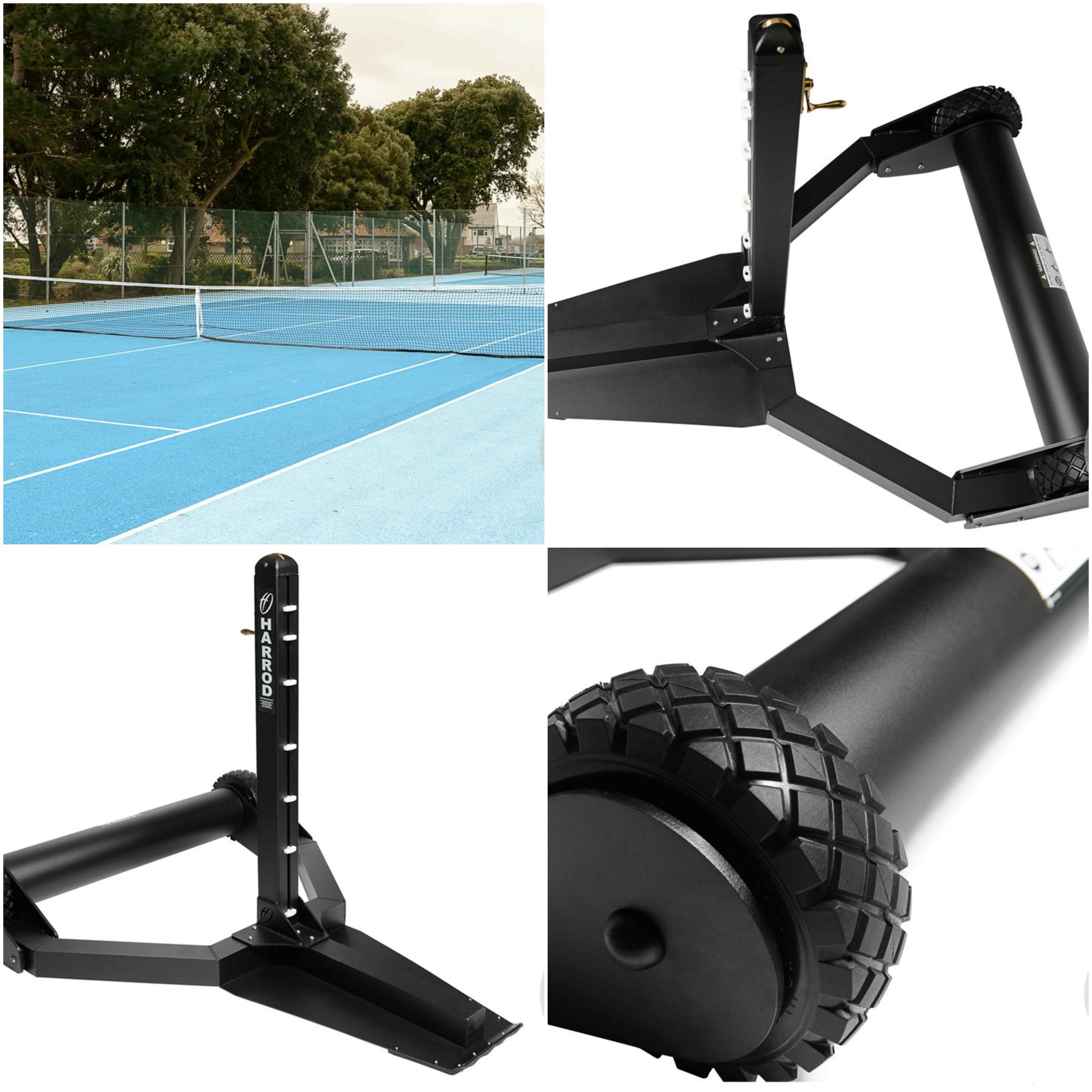 A collage shows a blue outdoor tennis court and close-ups of Harrod Sport’s Integral Weighted Tennis Posts, displaying their black wheeled design, measurement markings, and sturdy frame.