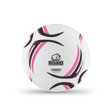 The Rhino Thunder Moulded Netball, size 4 in white with black and pink curved stripes, is displayed against a plain white background.