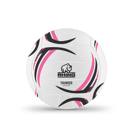 The Rhino Thunder Moulded Netball, size 4 in white with black and pink curved stripes, is displayed against a plain white background.