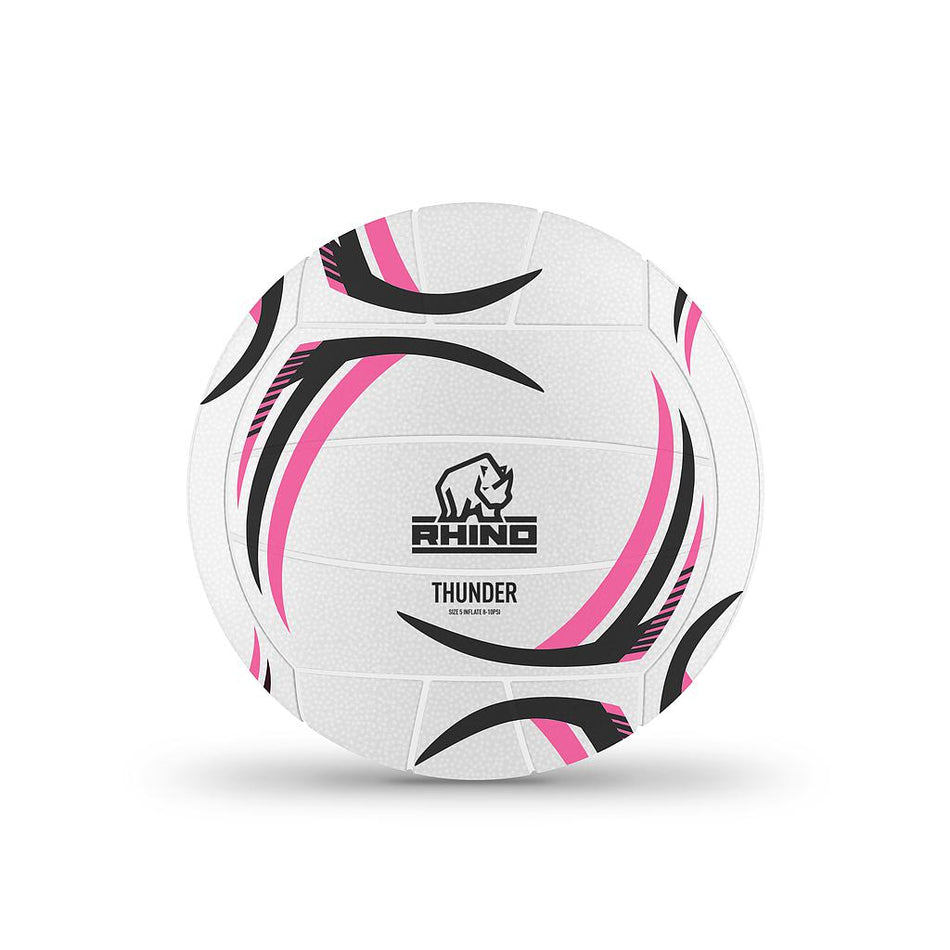 The Rhino Thunder Moulded Netball, size 4 in white with black and pink curved stripes, is displayed against a plain white background.