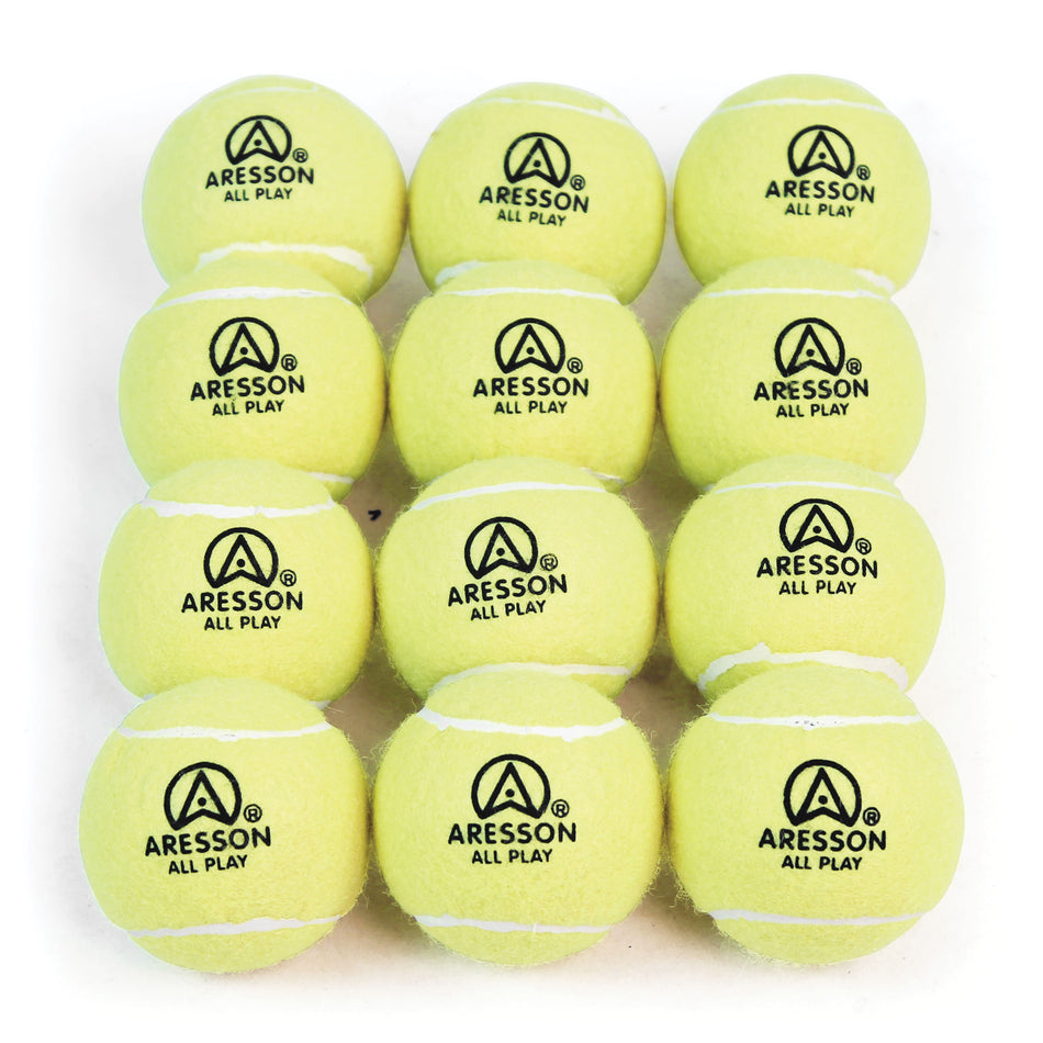 The Aresson ALL PLAY TENNIS BALL - 12 ball pack includes twelve yellow, low compression balls with the Aresson logo—ideal for practice or play.