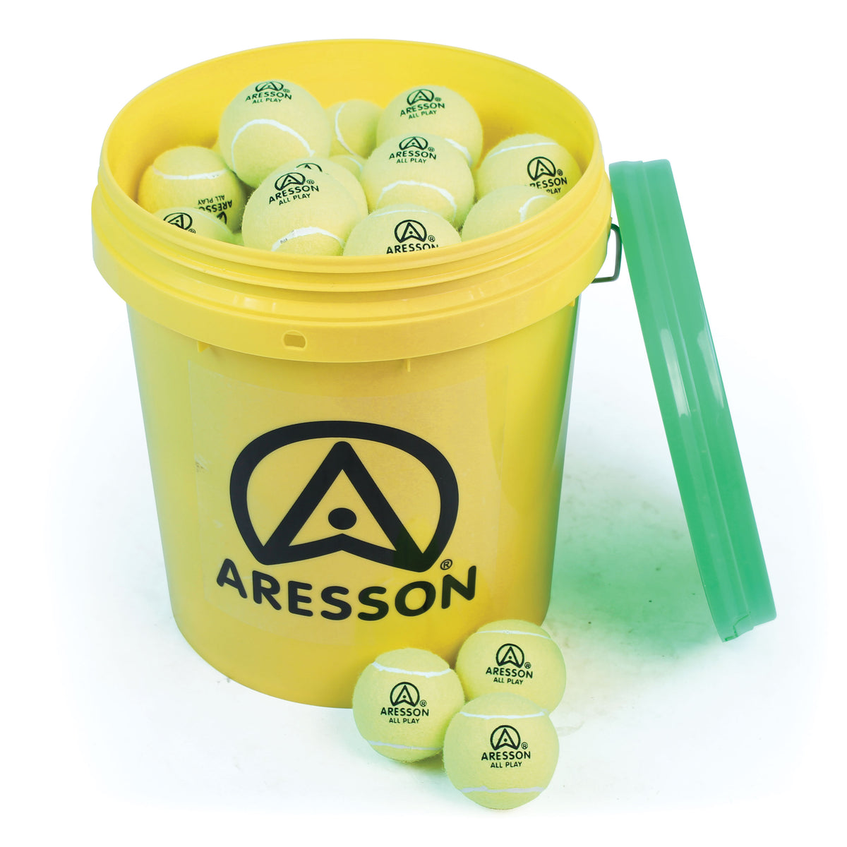 The Aresson All Play Tennis Ball - 60 Bucket contains low compression yellow balls designed for children, with some spilling from the yellow bucket with a green lid; both bucket and balls display the Aresson logo.