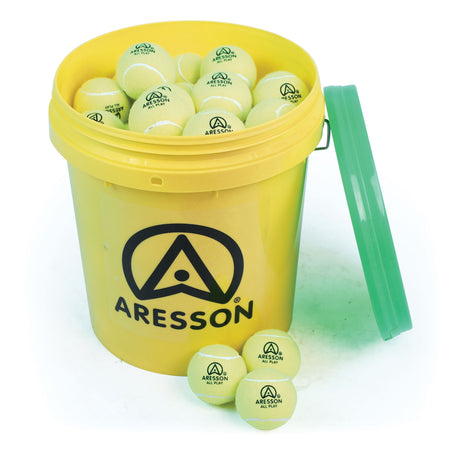 The Aresson All Play Tennis Ball - 60 Bucket contains low compression yellow balls designed for children, with some spilling from the yellow bucket with a green lid; both bucket and balls display the Aresson logo.