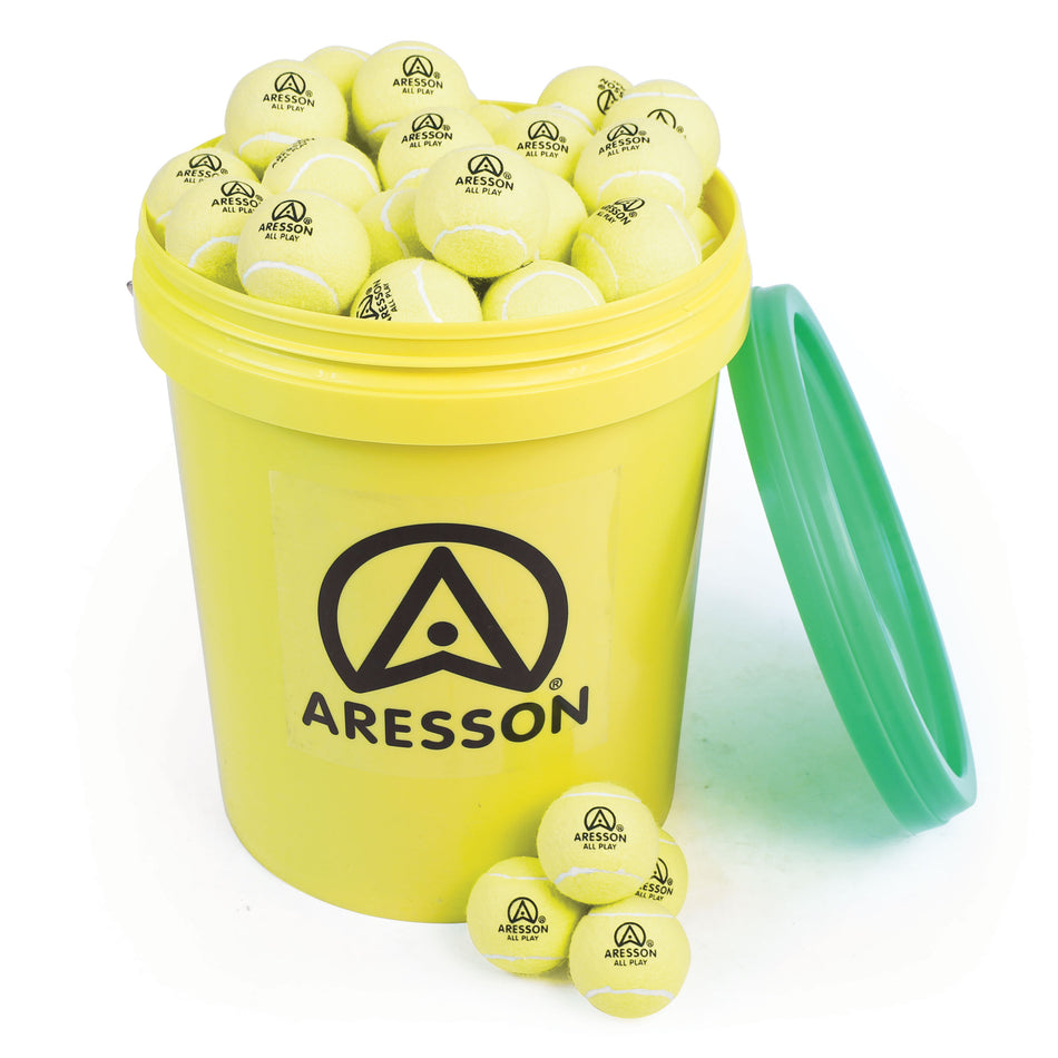 The Aresson All Play Tennis Ball - 96 comes in a yellow bucket with green lid, branded with the Aresson logo. Includes low compression tennis balls ideal for kids, plus three extra balls outside the bucket.