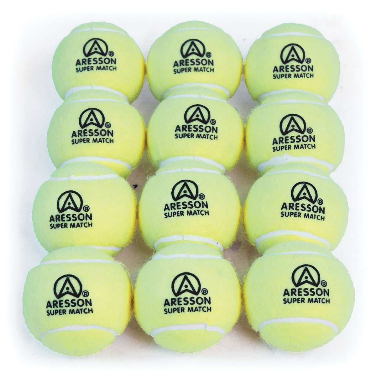 The Aresson SUPER MATCH TENNIS BALL 12 pack includes twelve yellow, non-pressurised balls in a 4x3 grid, each with the Aresson SUPER MATCH logo—ideal for anyone seeking a dependable tennis ball set.