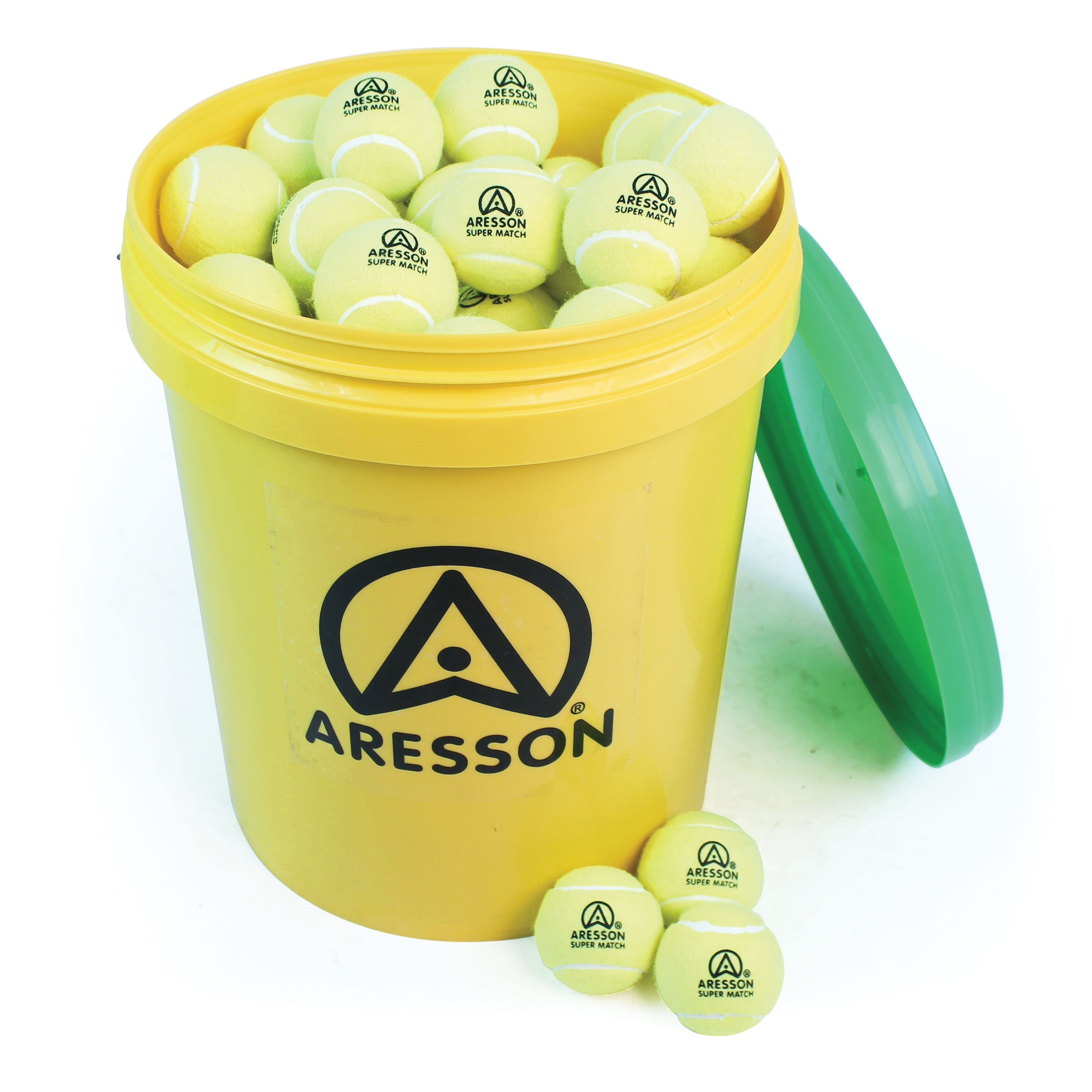 The Aresson SUPER MATCH TENNIS BALL 96 Ball Bucket features a yellow bucket with green lid, black Aresson logo, and contains high-quality tennis balls. Three non-pressurised balls are shown beside the bucket on a white surface.