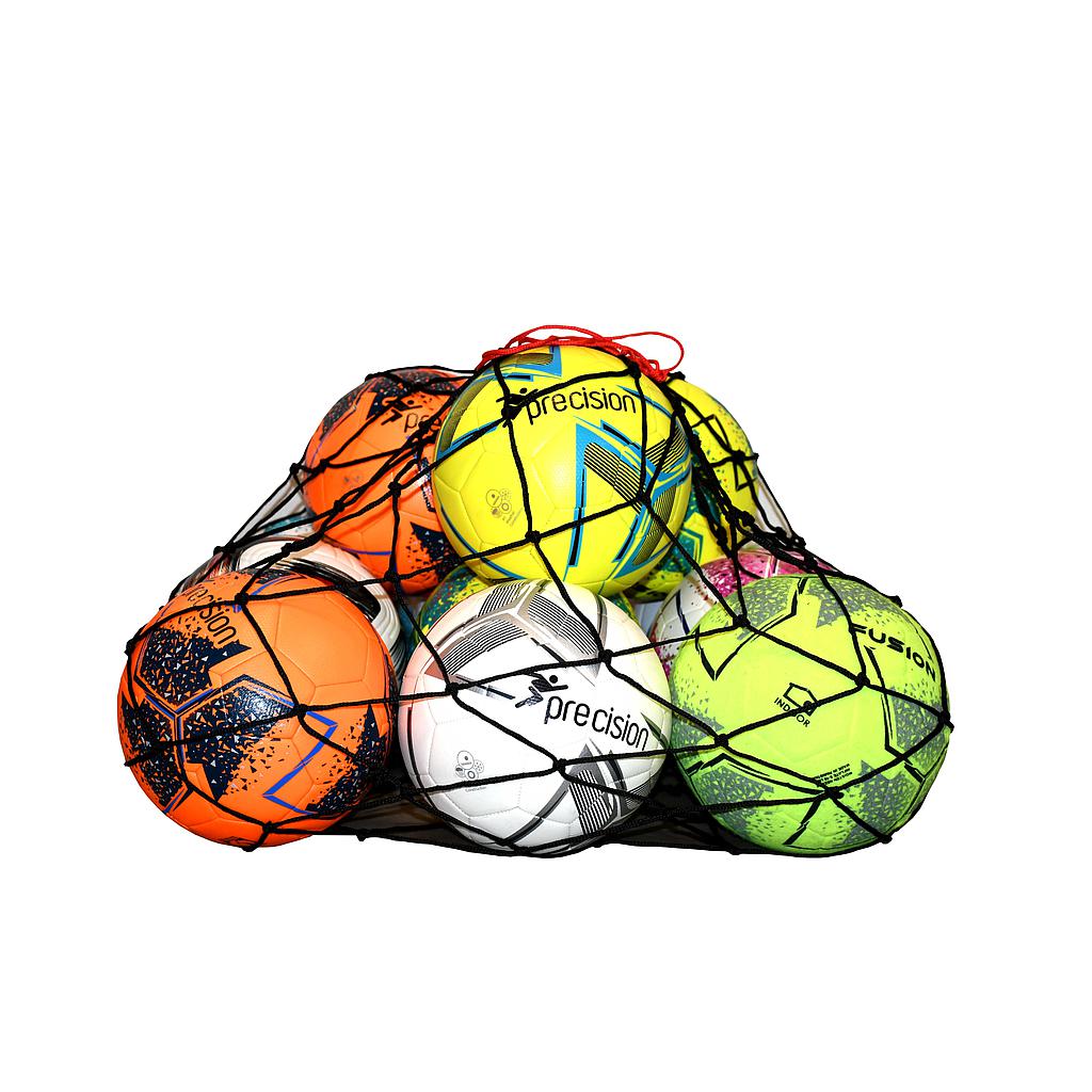 The Precision Training Football Carry Net - 12 Ball securely holds up to twelve colorful soccer balls with various patterns, some featuring the Precision Training brand name, and is displayed on a white background.