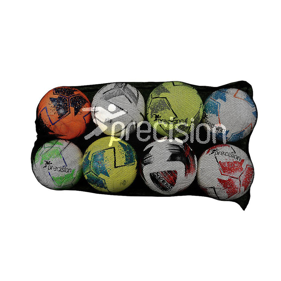 The Precision Training Football Mesh Sack -10 Ball holds up to 10 multicolored soccer balls. It features a drawcord closure and has "Precision" in white text printed on the nylon mesh.