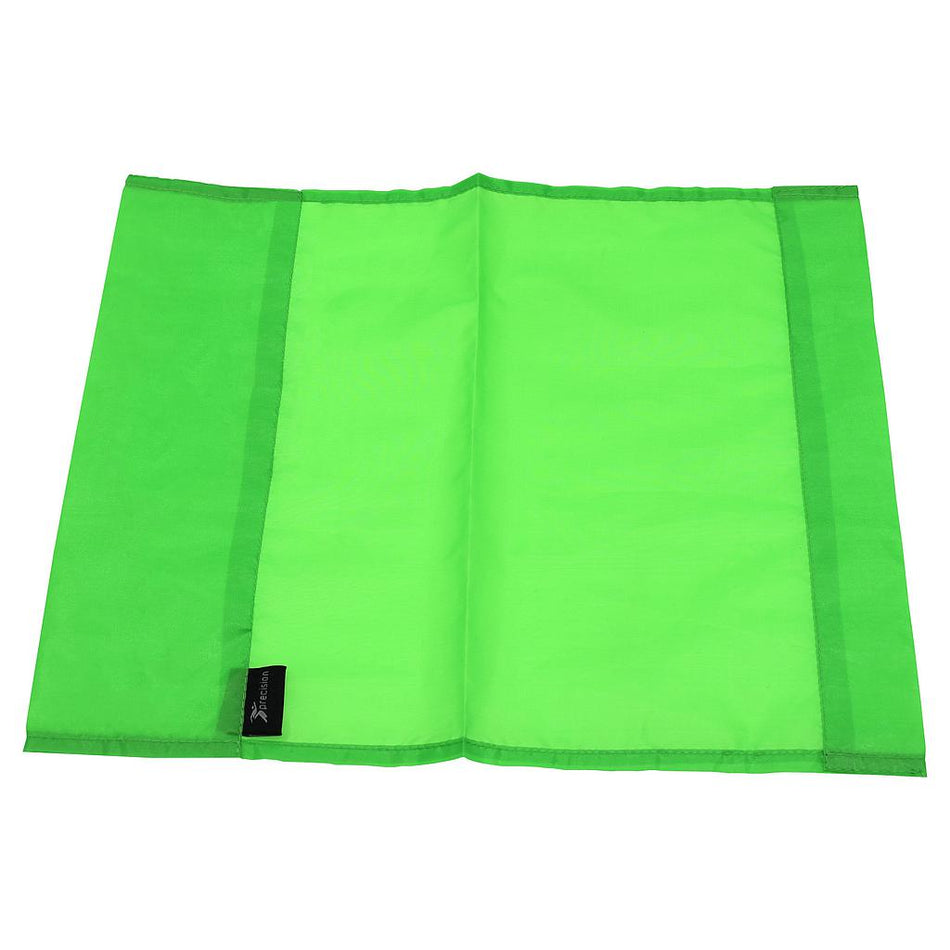An emerald rectangular Precision Corner Flag by Precision Training is laid out flat, resembling a colored towel, with a small black tag on one edge displaying the brand logo.