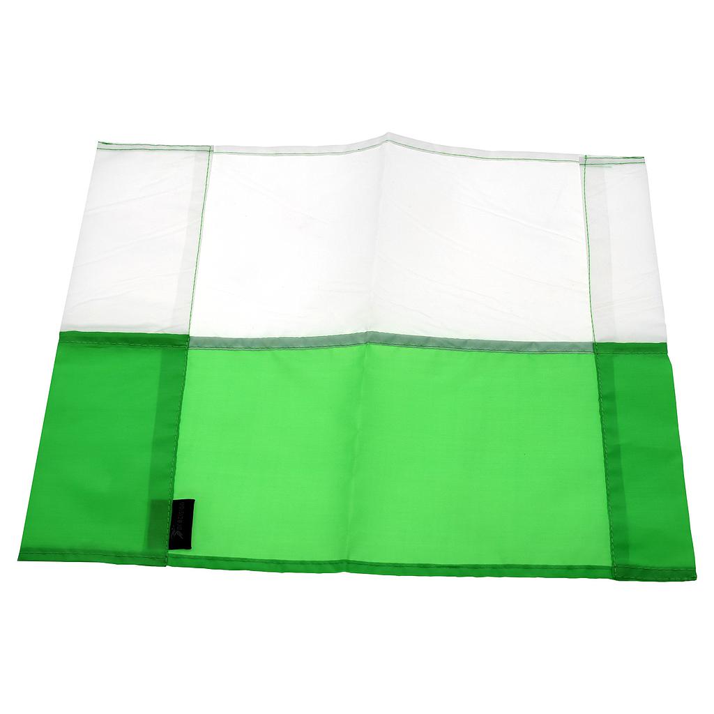The Precision Training Precision Corner Flags in emerald/white feature a polyester rectangular design: the top half is white, and the bottom half is green, split into three vertical panels with a larger center panel between two smaller ones.