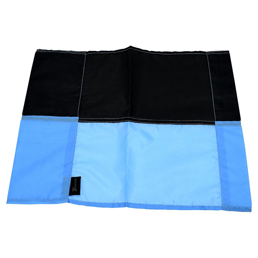 The Precision Corner Flags by Precision Training feature a rectangular fabric mat inspired by colored corner flags, with a black upper section and sky blue lower section, panelled stitching, and a small black tag on the left side.