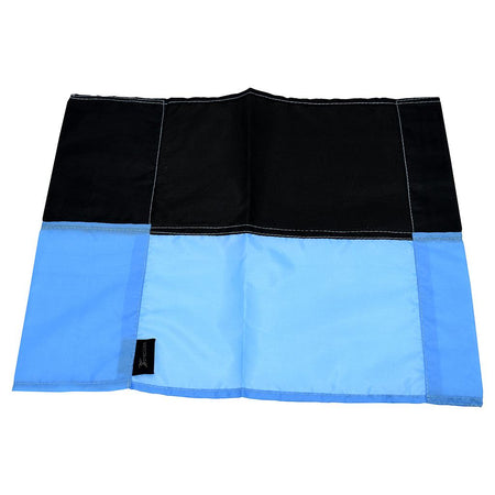 The Precision Corner Flags by Precision Training feature a rectangular fabric mat inspired by colored corner flags, with a black upper section and sky blue lower section, panelled stitching, and a small black tag on the left side.