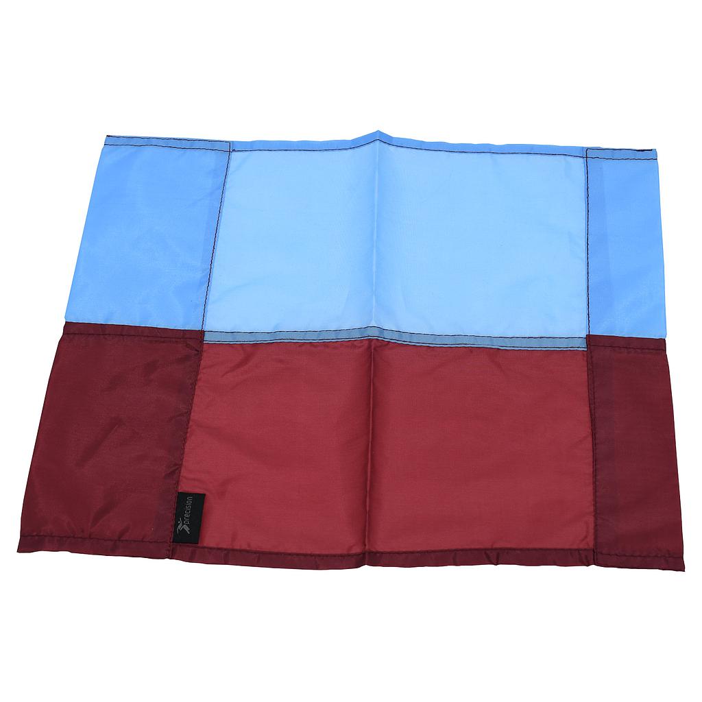 The Precision Training Precision Corner Flags feature a rectangular maroon/sky patchwork design divided by dark stitching, with two sky panels on top and three maroon below, plus a small black tag on the left.