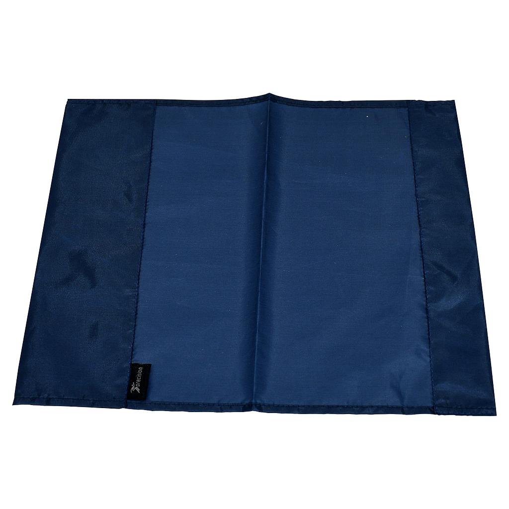 The Precision Corner Flags by Precision Training feature a rectangular, dark blue polyester mat with a slightly shiny finish, stitched edges, and a small black tag on one side.