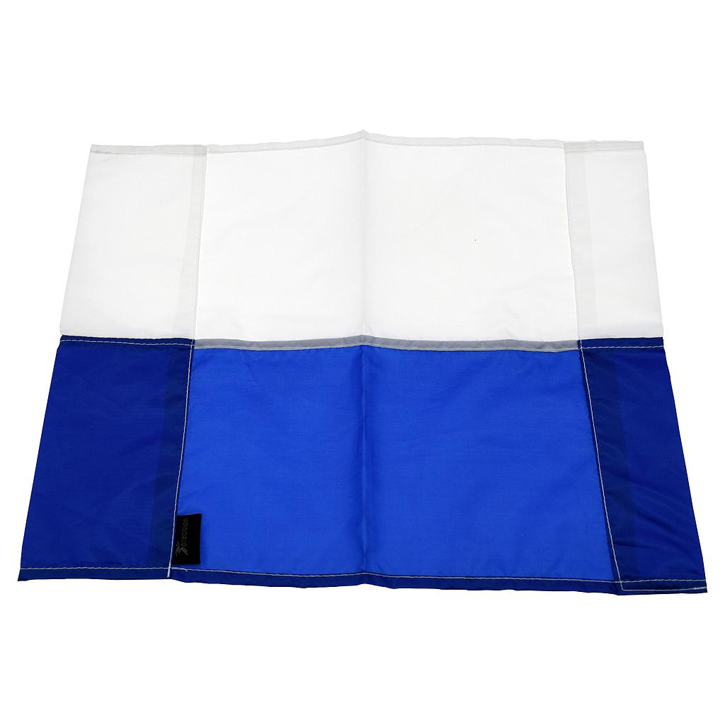 The Precision Training Precision Corner Flags feature a rectangular polyester design in royal and white, with three vertical sections: the left and right are royal, while the center is white on top and royal below.