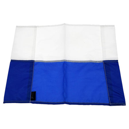 The Precision Training Precision Corner Flags feature a rectangular polyester design in royal and white, with three vertical sections: the left and right are royal, while the center is white on top and royal below.